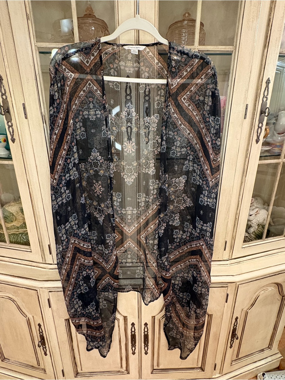 American Eagle Outfitters Sheer Black & Brown Patterned Kimono Jacket